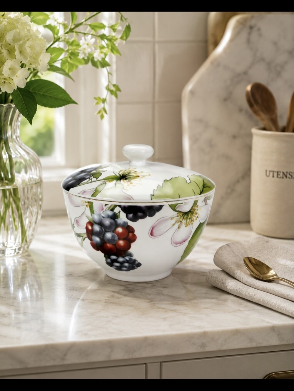 Portmeirion Eden Fruits Lidded Sugar Bowl - White with Multicolor Fruit Print